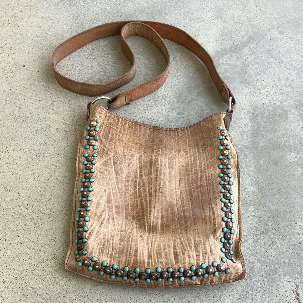 Brown Leather Crossbody Bag with Turquoise Studs